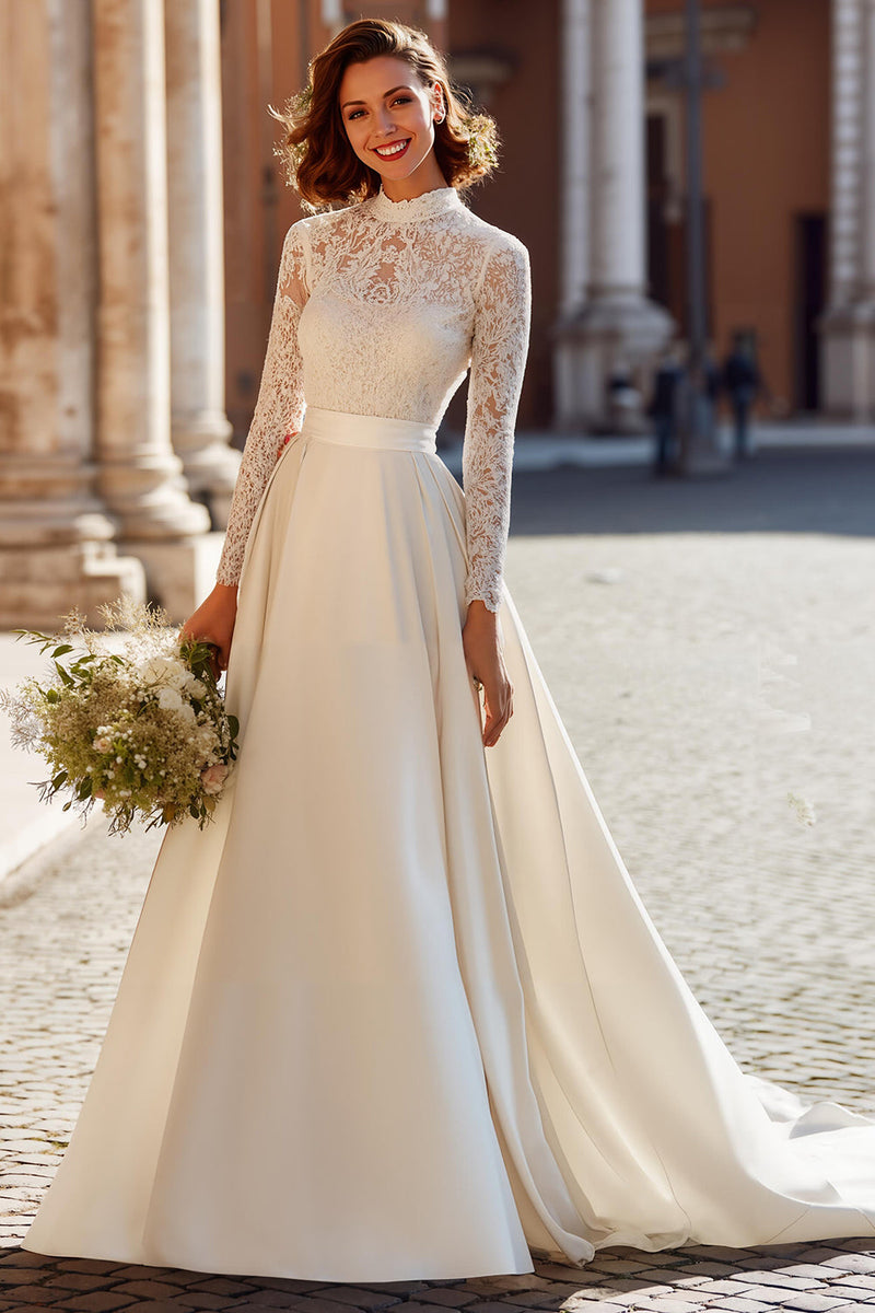 Load image into Gallery viewer, Vintage Ivory Satin High Neck Ball Gown Wedding Dress with Sleeves