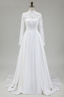 Load image into Gallery viewer, Vintage Ivory Satin High Neck Ball Gown Wedding Dress with Sleeves