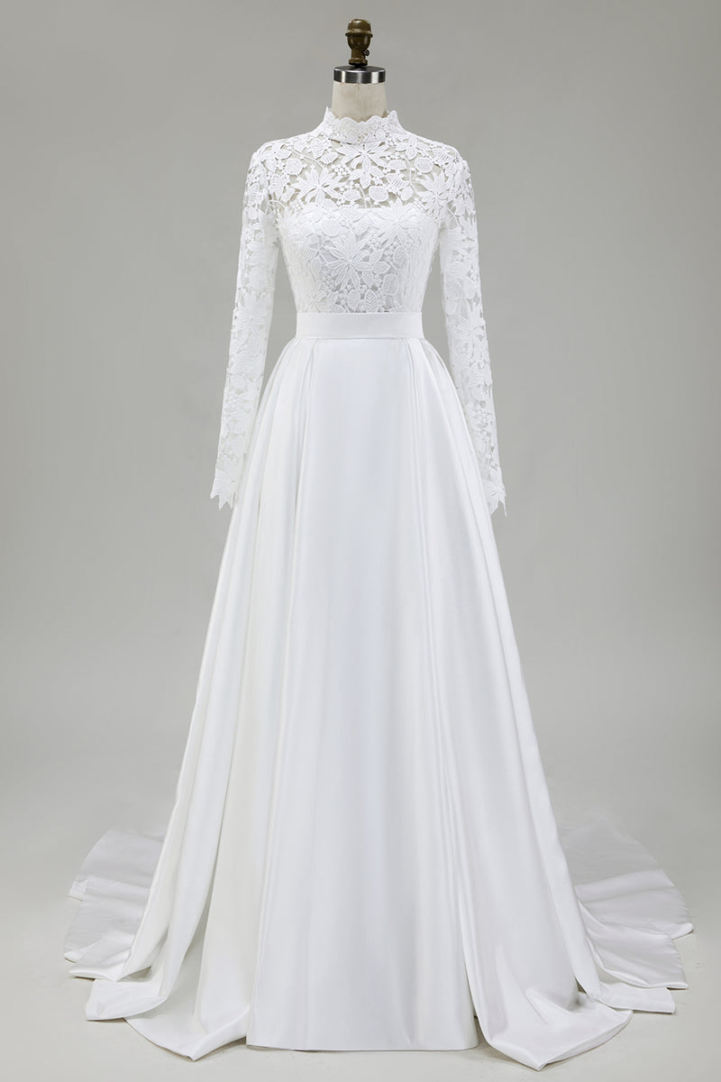Load image into Gallery viewer, Vintage Ivory Satin High Neck Ball Gown Wedding Dress with Sleeves