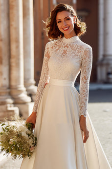 Vintage Ivory Satin High Neck Ball Gown Wedding Dress with Sleeves