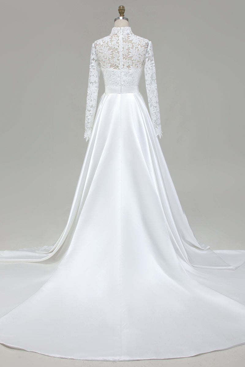 Load image into Gallery viewer, Vintage Ivory Satin High Neck Ball Gown Wedding Dress with Sleeves