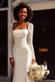Ivory Satin Mermaid Square Neck Wedding Dress with Sleeves