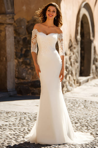Sparkly White Chiffon Sweep Train Mermaid Wedding Dress with Sleeves