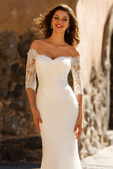 Sparkly White Chiffon Sweep Train Mermaid Wedding Dress with Sleeves