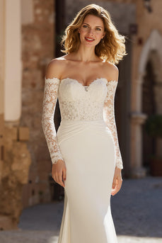 Ivory Chiffon Mermaid Off the Shoulder Wedding Dress with Sleeves