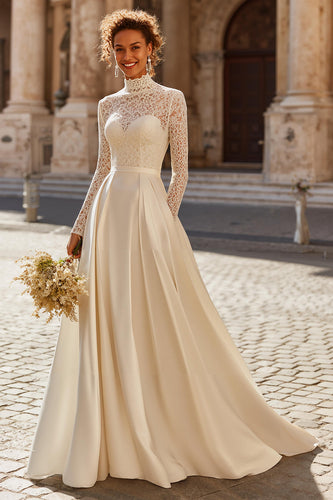 Ivory Satin High Neck Ball Gown Vintage Wedding Dress with Sleeves