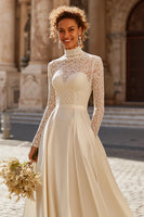 Load image into Gallery viewer, Ivory Satin High Neck Ball Gown Vintage Wedding Dress with Sleeves