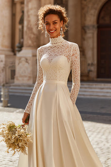 Ivory Satin High Neck Ball Gown Vintage Wedding Dress with Sleeves
