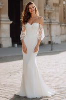 Load image into Gallery viewer, White Chiffon Off the Shoulder Mermaid Wedding Dress with Sleeves