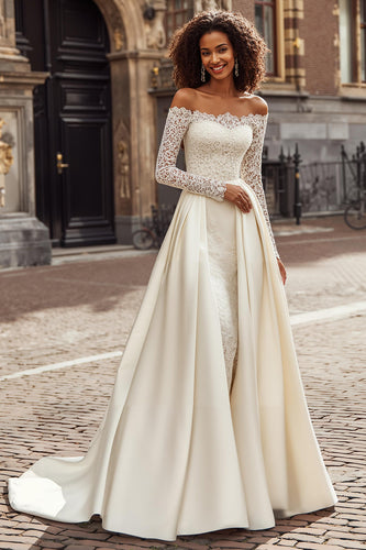 Ivory Satin Off the Shoulder Princess Wedding Dress with Sleeves