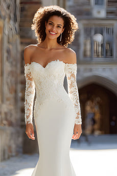 White Satin Long Sleeves Mermaid Wedding Dress with Lace