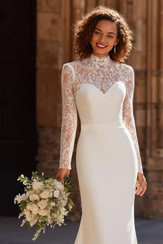 Ivory Chiffon High Neck Vintage Mermaid Wedding Dress with Sleeves