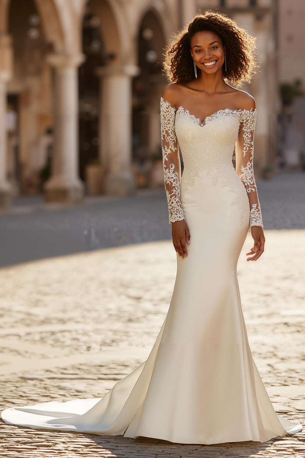 Mermaid Ivory Satin Sweep Train Wedding Dress with Sleeves