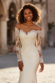 Mermaid Ivory Satin Sweep Train Wedding Dress with Sleeves
