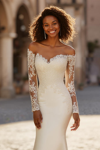 Mermaid Ivory Satin Sweep Train Wedding Dress with Sleeves