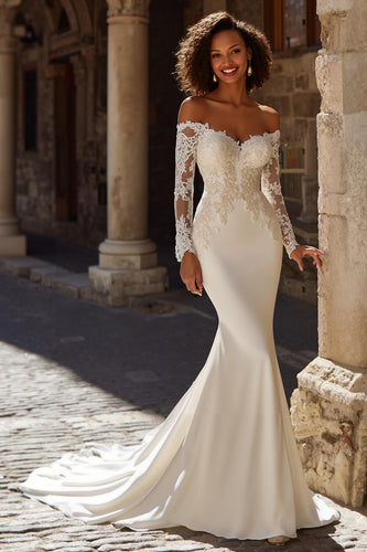 Ivory Satin Sweep Train Mermaid Long Sleeves Wedding Dress