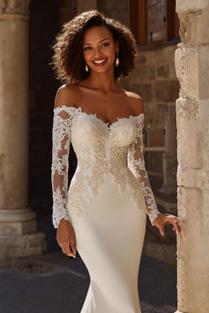 Ivory Satin Sweep Train Mermaid Long Sleeves Wedding Dress