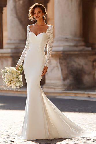 White Satin Sweep Train Mermaid Wedding Dress with Sleeves
