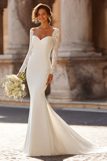 White Satin Sweep Train Mermaid Wedding Dress with Sleeves