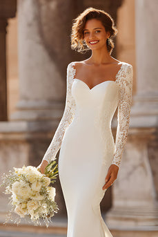 White Satin Sweep Train Mermaid Wedding Dress with Sleeves