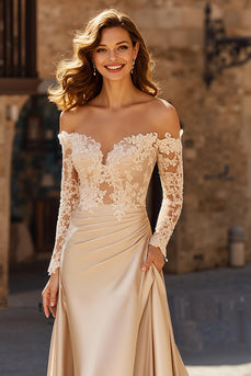 Champagne Off the Shoulder Satin Maxi Wedding Dress with Sleeves