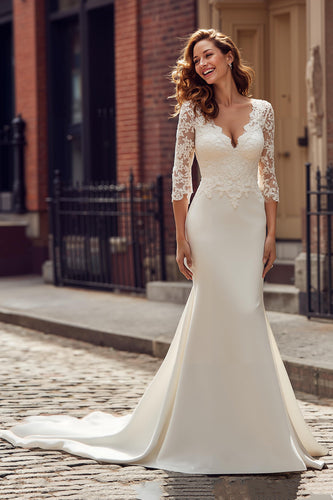 Ivory Chiffon V-Neck Mermaid Sweep Train Wedding Dress with Lace