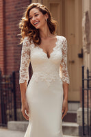 Load image into Gallery viewer, Ivory Chiffon V-Neck Mermaid Sweep Train Wedding Dress with Lace