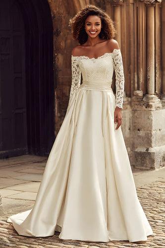 Ivory Satin Off the Shoulder Princess Long Sleeves Wedding Dress with Lace