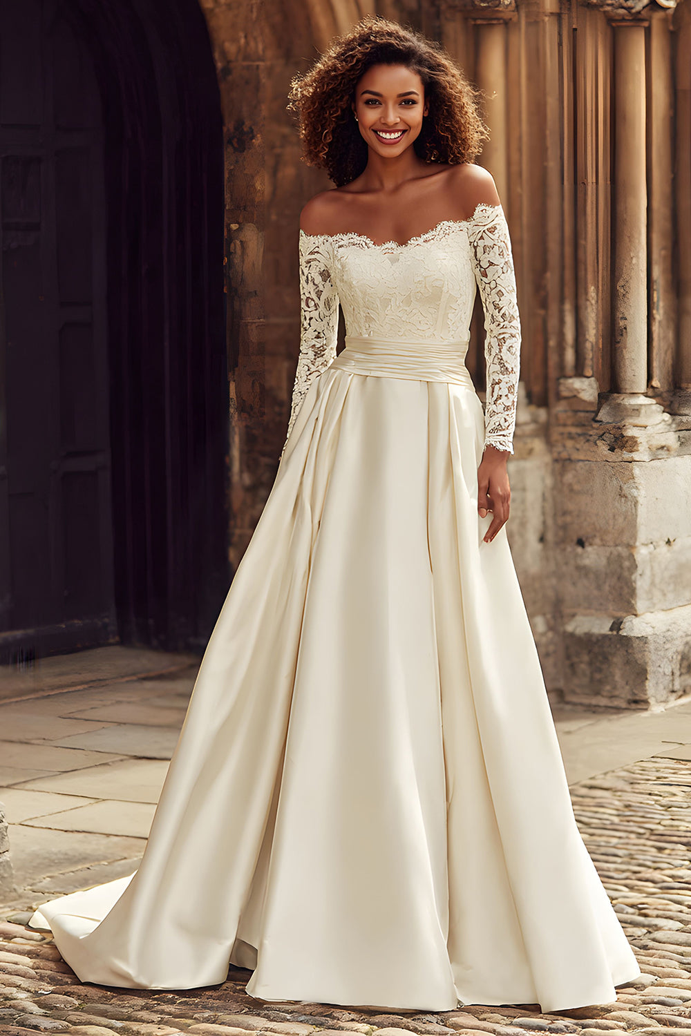 Ivory Satin Off the Shoulder Princess Long Sleeves Wedding Dress with Lace