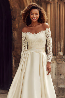 Ivory Satin Off the Shoulder Princess Long Sleeves Wedding Dress with Lace