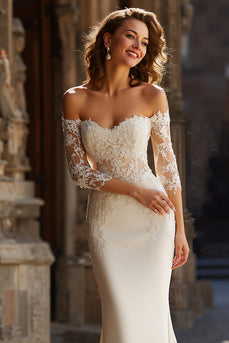 Ivory Satin Off the Shoulder Mermaid Wedding Dress with Sleeves