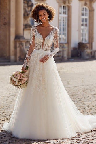 Ivory Tulle V-Neck Princess Long Sleeves Wedding Dress with Lace