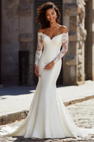 Load image into Gallery viewer, White Mermaid Off the Shoulder Satin Sweep Train Wedding Dress