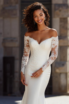 White Mermaid Off the Shoulder Satin Sweep Train Wedding Dress