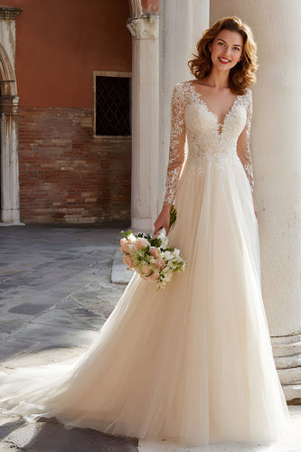 Ivory Tulle V-Neck Long Sleeves Princess Wedding Dress with Lace