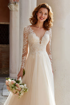 Ivory Tulle V-Neck Long Sleeves Princess Wedding Dress with Lace