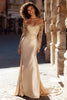 Load image into Gallery viewer, Champagne Mermaid Satin Off the Shoulder Sweep Train Wedding Dress with Sleeves
