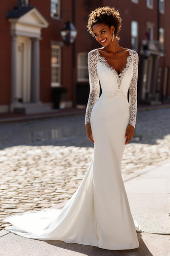 White Mermaid Chiffon V-Neck Long Sleeves Sweep Train Wedding Dress