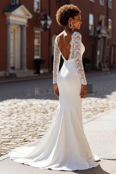 White Mermaid Chiffon V-Neck Long Sleeves Sweep Train Wedding Dress