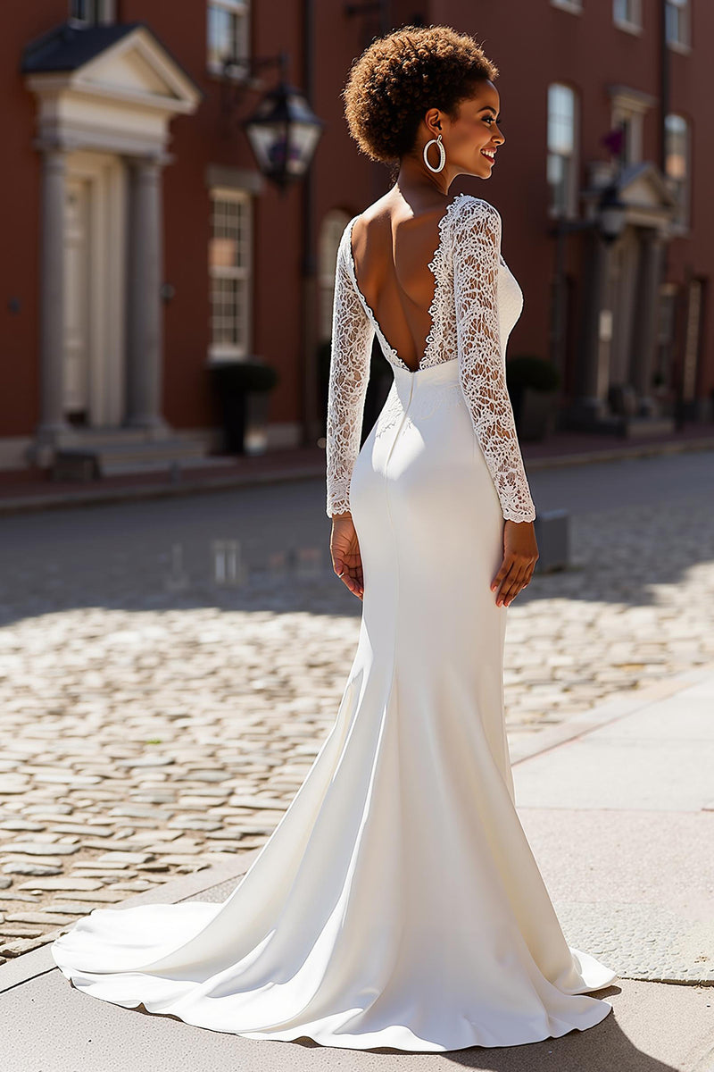 Load image into Gallery viewer, White Mermaid Chiffon V-Neck Long Sleeves Sweep Train Wedding Dress