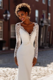 White Mermaid Chiffon V-Neck Long Sleeves Sweep Train Wedding Dress