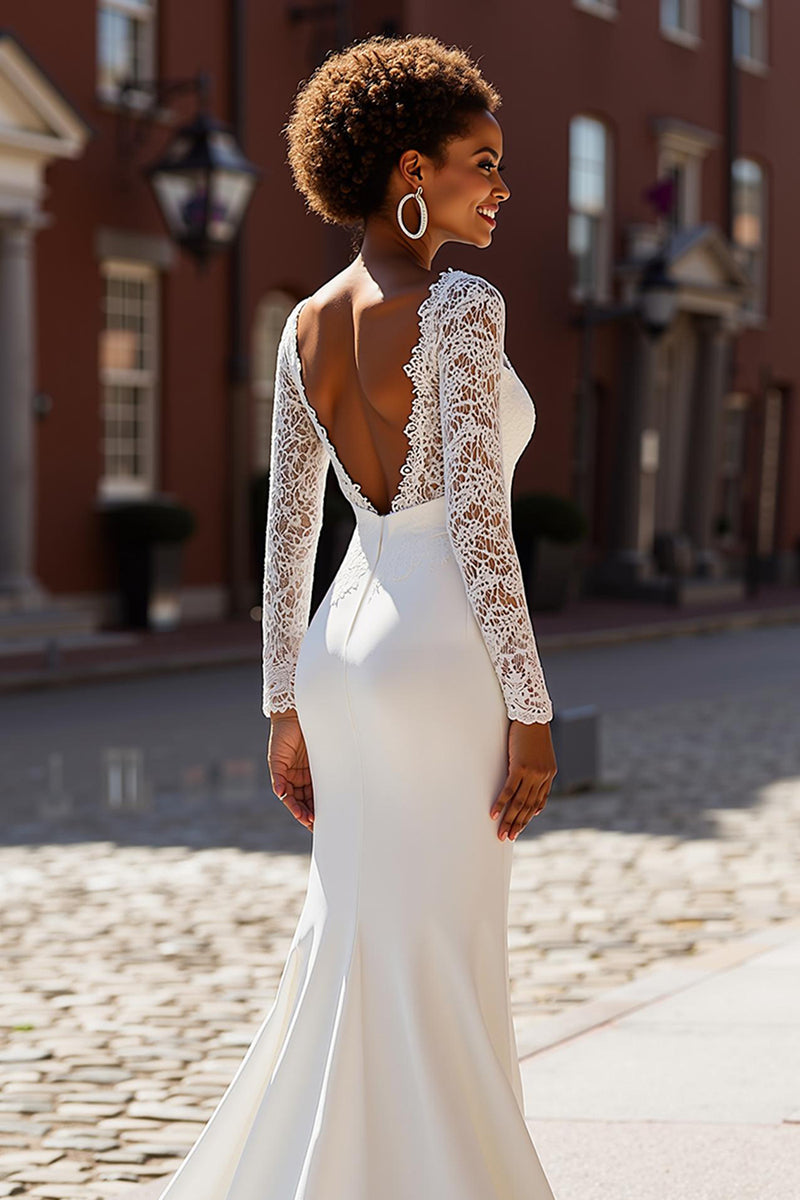 Load image into Gallery viewer, White Mermaid Chiffon V-Neck Long Sleeves Sweep Train Wedding Dress