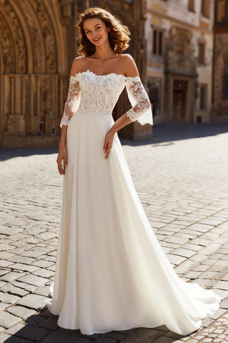 Ivory Chiffon Off the Shoulder A-Line Sweep Train Wedding Dress with Sleeves