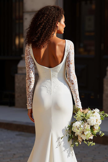 White Scoop Neck Mermaid Long Sleeves Wedding Dress with Lace