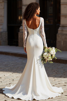 White Scoop Neck Mermaid Long Sleeves Wedding Dress with Lace