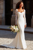 Load image into Gallery viewer, White Scoop Neck Mermaid Long Sleeves Wedding Dress with Lace