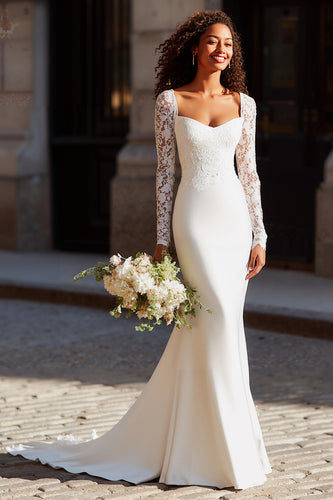 White Scoop Neck Mermaid Long Sleeves Wedding Dress with Lace