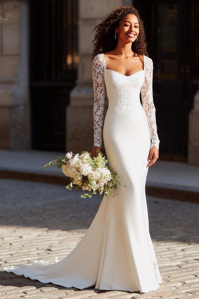 White Scoop Neck Mermaid Long Sleeves Wedding Dress with Lace