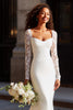Load image into Gallery viewer, White Scoop Neck Mermaid Long Sleeves Wedding Dress with Lace