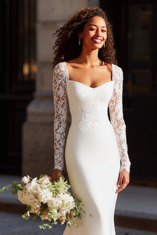White Scoop Neck Mermaid Long Sleeves Wedding Dress with Lace